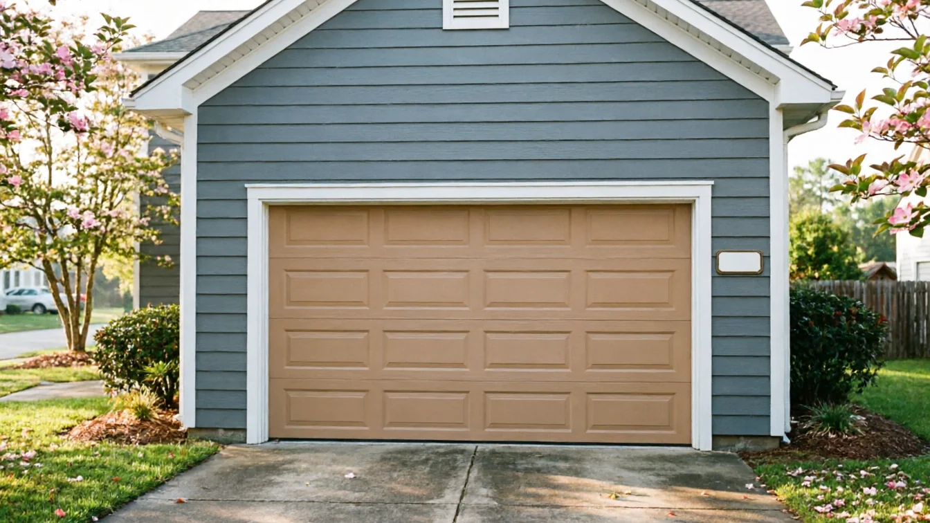 A brown garage door is on a blue house with a concrete driveway.