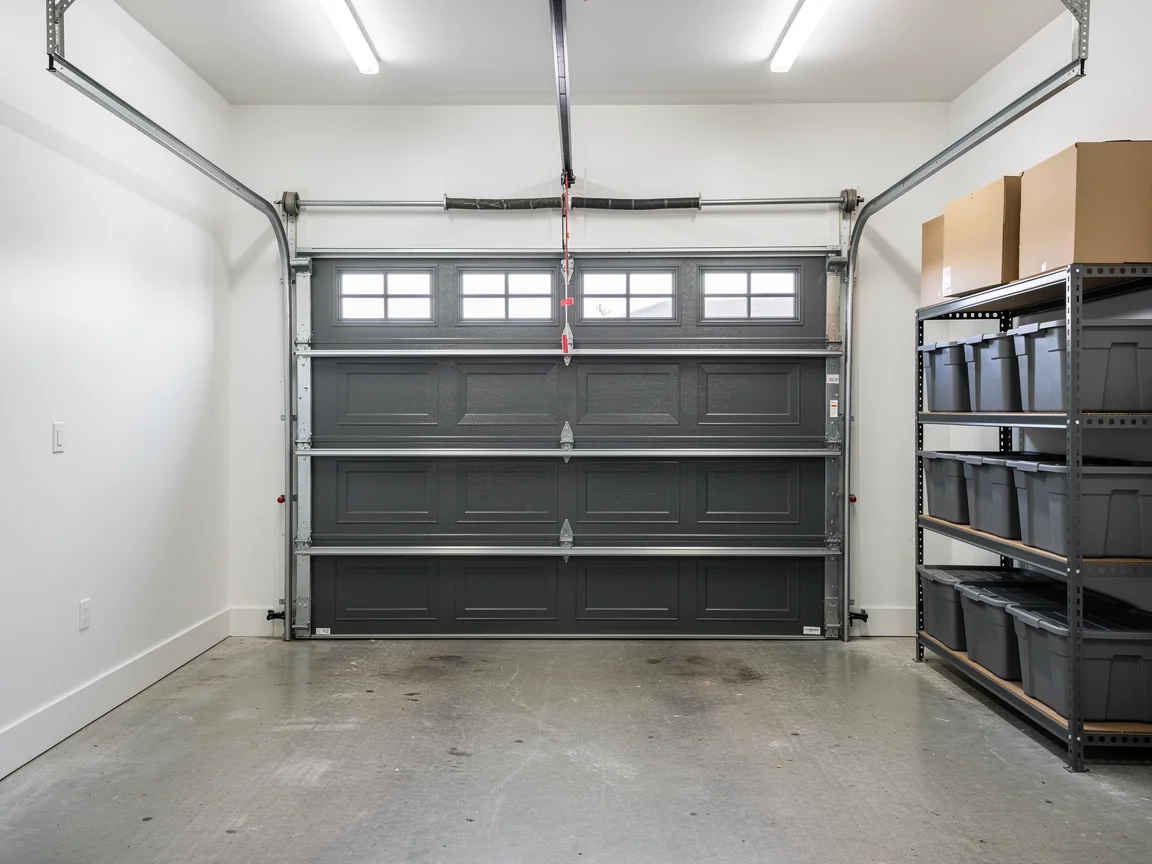 A dark gray garage door with windows is closed in a clean garage.
