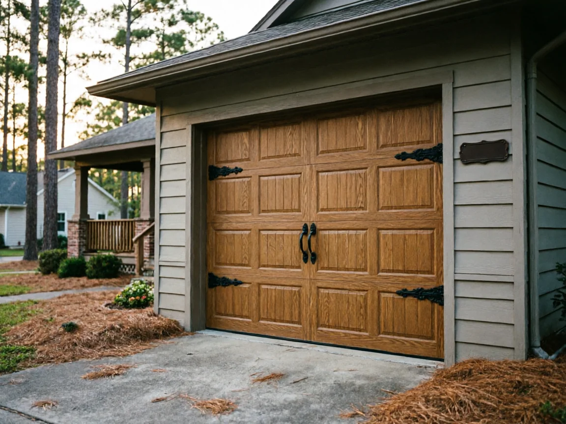 A brown wooden garage door with decorative black hinges and handles on a house.